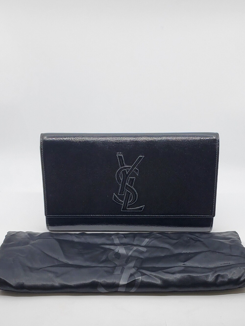 YSL Textured Patent Monogram Large Belle De Jour Clutch